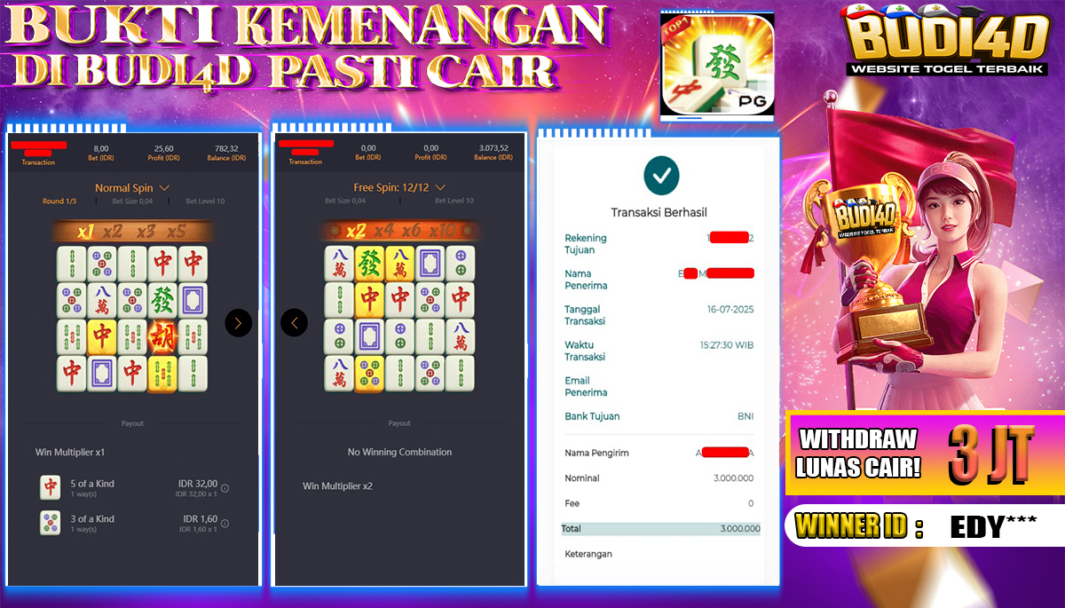 BUDI4D JACKPOT USERID: EDY**** SLOT PGSOFT MAHJONG WAYS Rp.3.000.000,- LUNAS